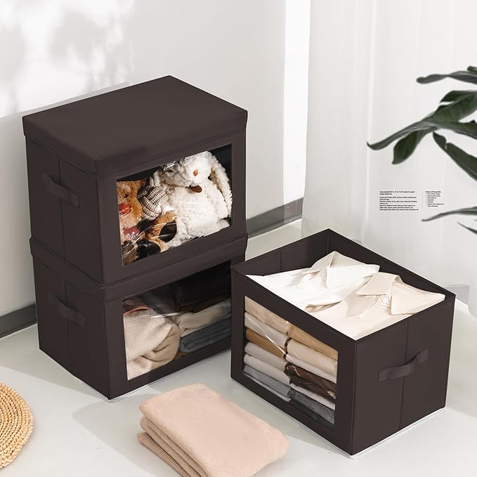 Stackable Storage Bins with Lids - Large Storage Box with Lids, Foldable Closet Boxes for Organizing, Wardrobe Clothes Organizer with Window, Cubes Bins for Living Room, 3 Pack, Brown