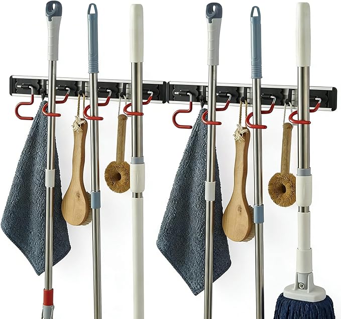 Wall Mounted Mop and Broom Holder, Stainless Steel, Red Black, 34 Inches, 8 Position Rack with 6 Hooks, S Type Organizer