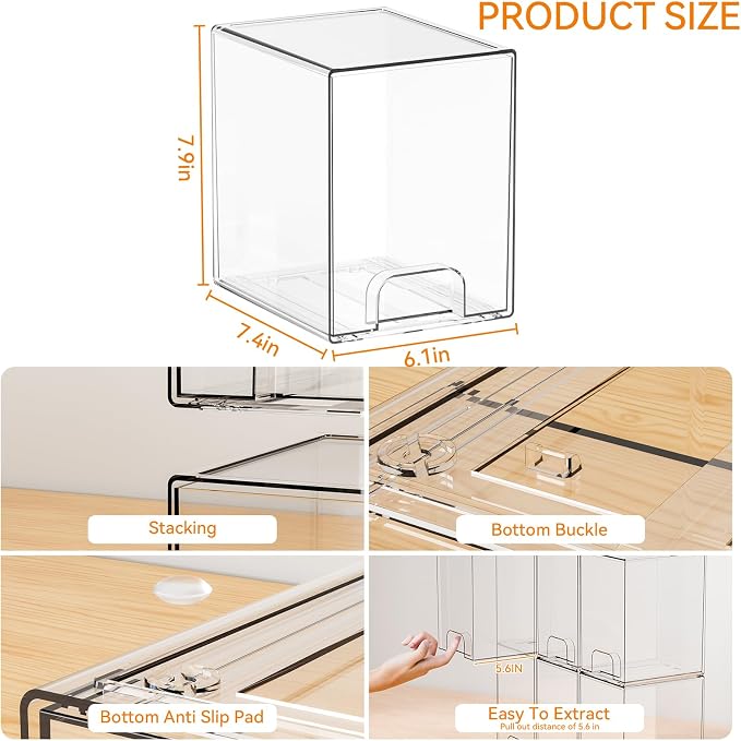 Yieach 7.5" High Stackable Storage Bins,4 Pack Bottle Station and Baby Bottle Storage Organizer for Countertop,Clear Acrylic Drawers for Pacifier,Breast Pump Parts,Storage Containers,Makeup and Lotion