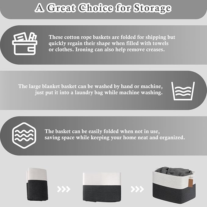 Goodpick 50L Large Woven Rope Storage Basket, Rectangle, Dark Gray | 18" × 14" × 12" Decorative Gift Basket for Living Room & Nursery Organization, Fits Blanket & Toy Storage, Writable Label