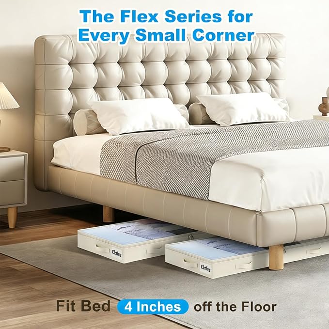 4 Inch Low Profile Under Bed Storage Drawer 4 Pack, Lightweight Underbed Clothes Storage Container Bins With NO STURCTURE, Shallow Storage Bag for Dorm & Home, With Clear Lids & Water-Resistant Fabric