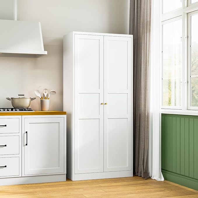 White Storage Cabinet with Adjustable Shelves-Metal Home Kitchen Pantry Cabinets with Doors,Organization Locker for Cupboard/Bedroom/Dining/Living/Bathroom/Office/Garage Room