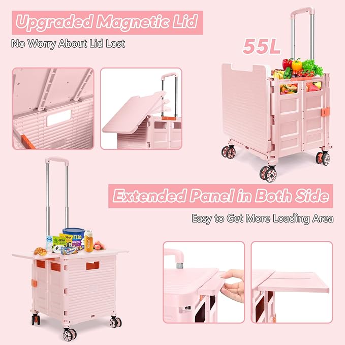 FELICON SELORSS Folding Utility Cart Portable Rolling Crate Handcart-Pink | Adjustable Handle+Extended Magnetic Lid,Storage Basket Box,4 Swivel Wheels Tote for Teacher Move Shop Travel Grocery Office