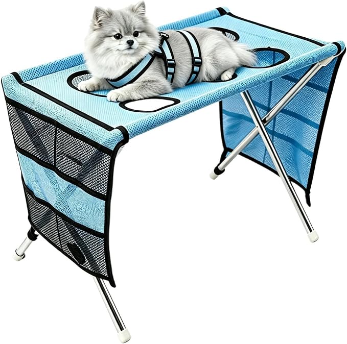 Dog Grooming Hammock with Stand, Foldable Stainless Steel Pet Frame, with | Non-Slip Station With Triangular Frame, 60x33x40cm, For Small Medium Pets, Puppies, Nail TrimmingEar Cleaning,