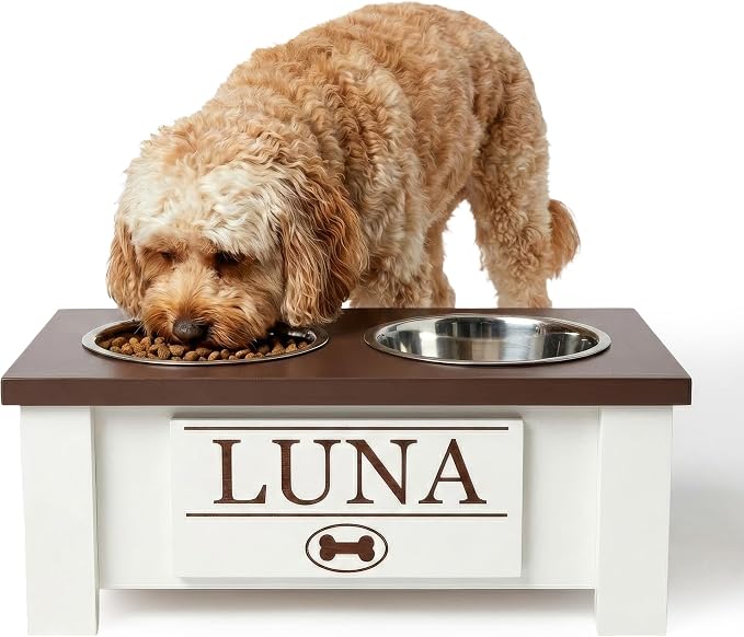 Elevated Dog Bowls for Small Dogs, Personalized Food Stand for Small Breed | Farmhouse Style, Elevated Wood Stand, Storage Container, Stainless Steel Bowls, Raised Anti-Slip Feeder, Made in USA