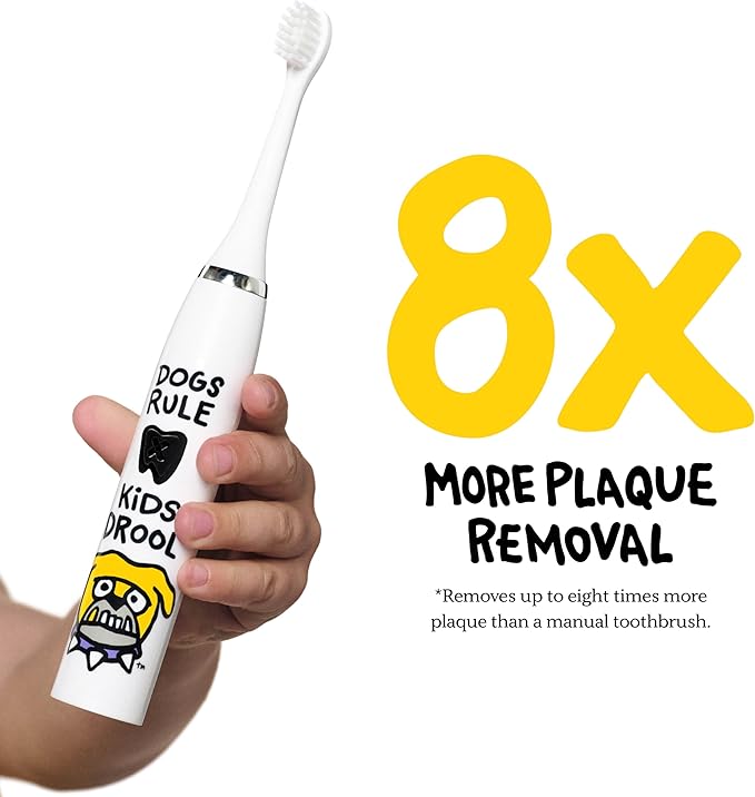 Made by Dentists Kids Electric Toothbrush - Rechargeable Vibrating Toothbrush with Timer, Includes 6 Replacement Heads, Gently Cleans Teeth, Kid & Toddlers Age 2+, (Bulldog)