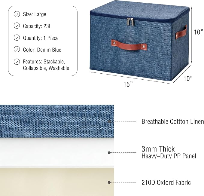 Storage Bin Box with Zippered Lid Decorative Collapsible Basket | Cotton Linen Fabric, Washable, Foldable, Stackable, Closet Shelf Organizer, with PU Leather Handles, Denim Blue-Large