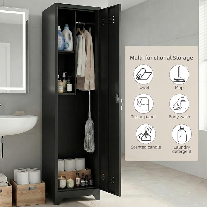 Slim Broom Closet Storage Cabinet, Black Metal Cabinets with Lock and & S-Hooks, Cleaning Supply Cabinet, 65x15.8x15.8 Utility Storage Cabinet for Garage, Office, Laundry Room