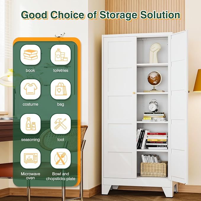 72" H Metal Storage Cabinet with 2 Doors and 4 Shelves,Tall Kitchen Pantry Cabinets,Utility Pantry Organizers for Cupboard/Dining/Bathroom/Home Office/Garage (White, 72" H x 18" D x 33.5" W)