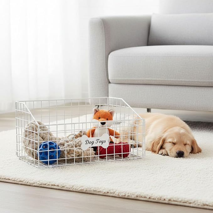 Dog Toy Bin-Dog Toy Basket-Metal Storage Box-Chew-Proof Dog Food Toy Storage Container-Dog Storage Organizer-For Puppy Leash,Accessories,Blanket Food Storage Container-(White)