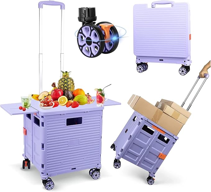 FELICON SELORSS Folding Utility Cart Portable Rolling Crate Handcart-Purple | Magnetic Sliding Lid,Telescoping Handle,Plastic Box Dolly,360°Swivel Wheels for Travel Shop Move Laundry Office Teacher Use