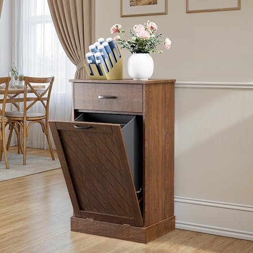 njnj 13 Gallons Tilt Out Trash Cabinet, Kitchen Hidden Trash Bin Cabinet Wood Garbage Recycling Cabinet with Hideaway Drawer, Pet Proof Freestanding Trash Bin for Kitchen Living Room Brown