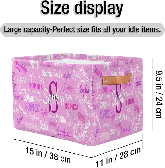 Personalized Kids Toy Box with Name, Custom Nursery Baskets Cubes Bins, Kids Custom Storage Basket Laundry Baskets Organizer with Handles, Pink Background