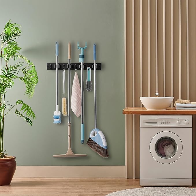 OUTNILI Black Mop Broom Holder Wall Mount with 4 Slots & 4 Hooks - Rustic Wood Broom Mop Hanger for Pantry Closet Laundry Room Organization - Heavy Duty Garden Tool Organizer - Black Kitchen Decor