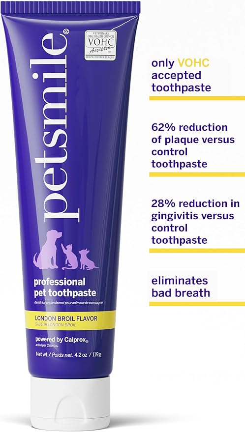 petsmile Professional Pet Teeth Brushing Kit for Cats & Dogs - VOHC Accepted Toothpaste & Patented Toothbrush - Proven to Control Plaque & Tartar Calprox Formula (London Broil, 4.2 Oz)