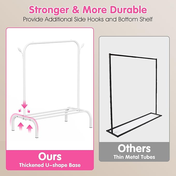 Kids Clothes Rack for Ages 3-6, Montessori Kids Clothing Rack, White | Kids Dress up Rack with Bottom Shelf & Side Hooks, Toddler Wardrobe Rack for Bedroom, Playroom, Nursery & Small Room Storage