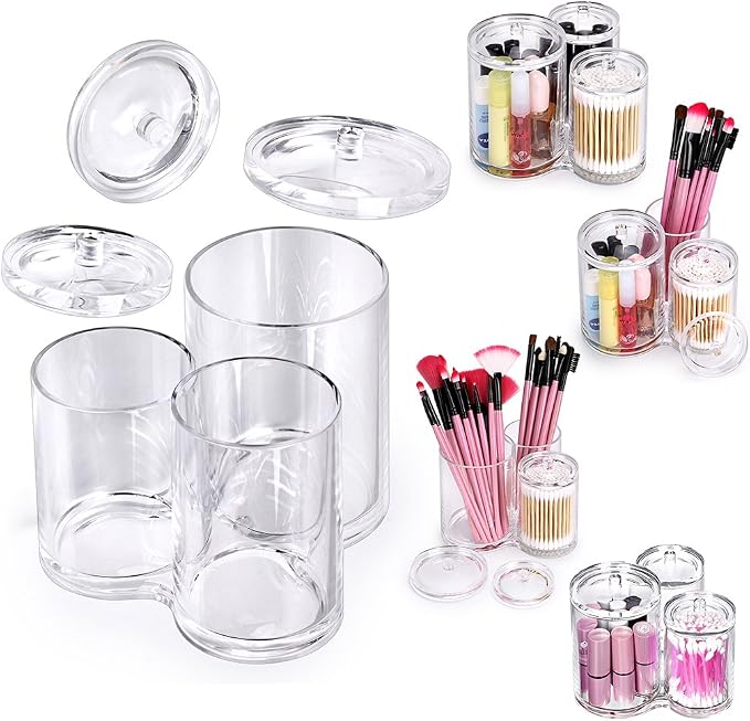 Hipiwe Clear Acrylic Cotton Swab Holder Cotton Round Container, 3 Slots | Cotton Pad and Ball Q-tip Organizer Case for Makeup Brush, Bathroom Apothecary Jar with Lid