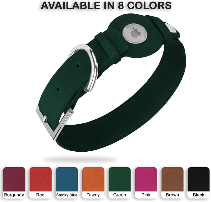 Leather Dog Collar with Airtag Holder - Apple Air Tag Dog Collars - Soft Tracking GPS Pet Collar for Small Medium Large Dogs Breed Puppy (Green, L, 15"-19" Neck Fit)
