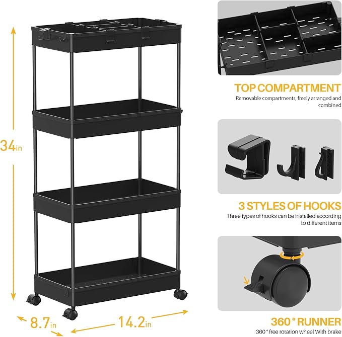 4 Tier Rolling Cart with Wheels, Storage Craft Art Trolley Organizer Serving, 3 Hanging Baskets Easy Assembly, for Office, Living Room, Kitchen