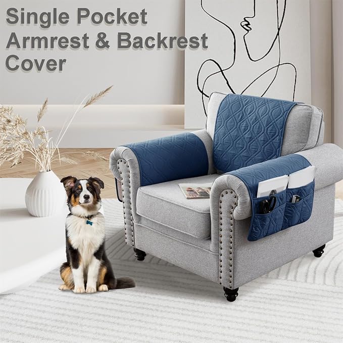 Recliner Armrest Cover with Headrest, Chair Armrest Slipcover with Side Pockets, Water-Resistant, Non Slip Furniture Protector for Pets (Berlin Blue,1 Seater 3PCS)