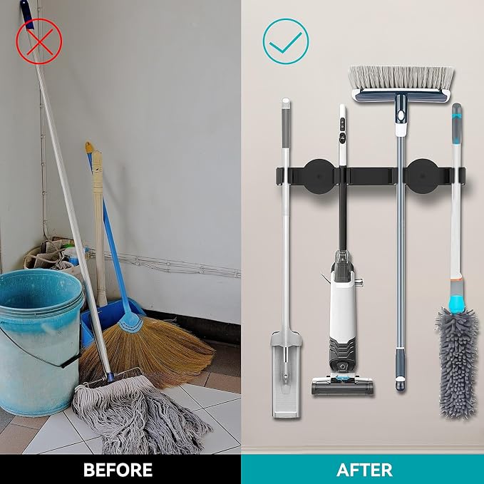 Magnetic Mop Broom Holder, Strong Non Slip Magnetic Broom Mop Hanger, Heavy Duty Magnetic Hooks for Hanging Shovel Rake Tools, Wall Mounted Utility Storage Magnet Rack 4 Rack