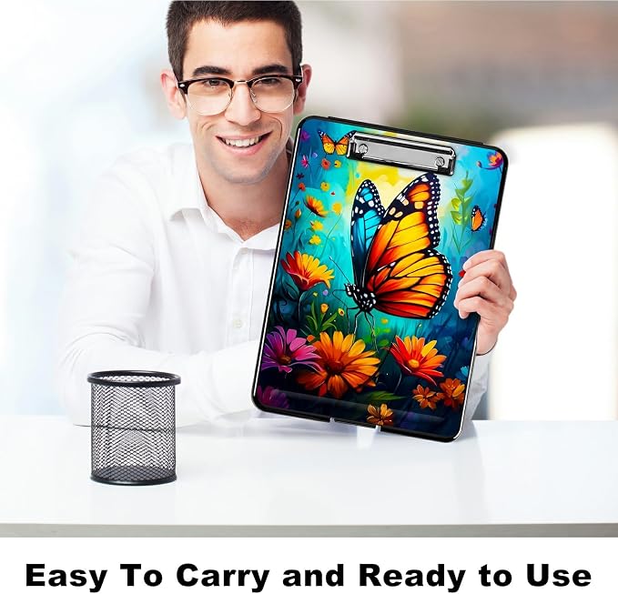 Butterfly Blue Sky A4 Clipboard with Storage Pen Holder, Clipboards Organizer Nursing Clipboard Foldable File Folder Plastic Clipboard Folio Clip Board for Office Students Classroom Doctor