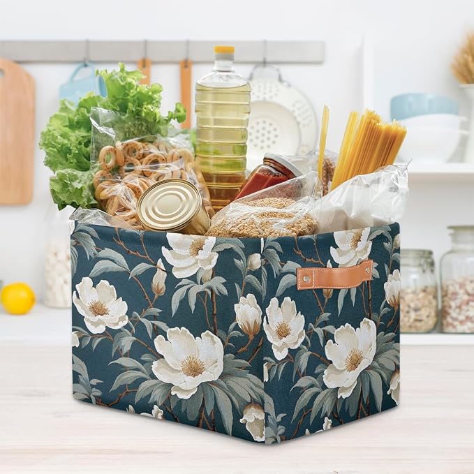 White Rose Leaves Rectangular Storage Bin Collapsible Storage Basket Organizer Boxes with Leather Handle Storage Cube for Shelves Toy Laundry Nursery 2 PC