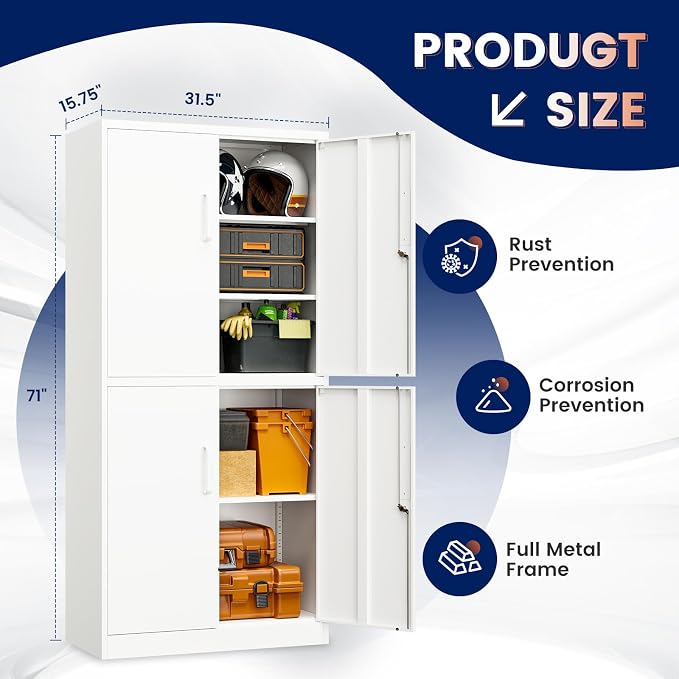 Metal Storage Locking Cabinet with 4 Doors and 2 Adjustable Shelves,71" Lockable Garage Tall Steel Cabinet,for Home Office,Living Room,Pantry,Gym,Commercial Storage (White)