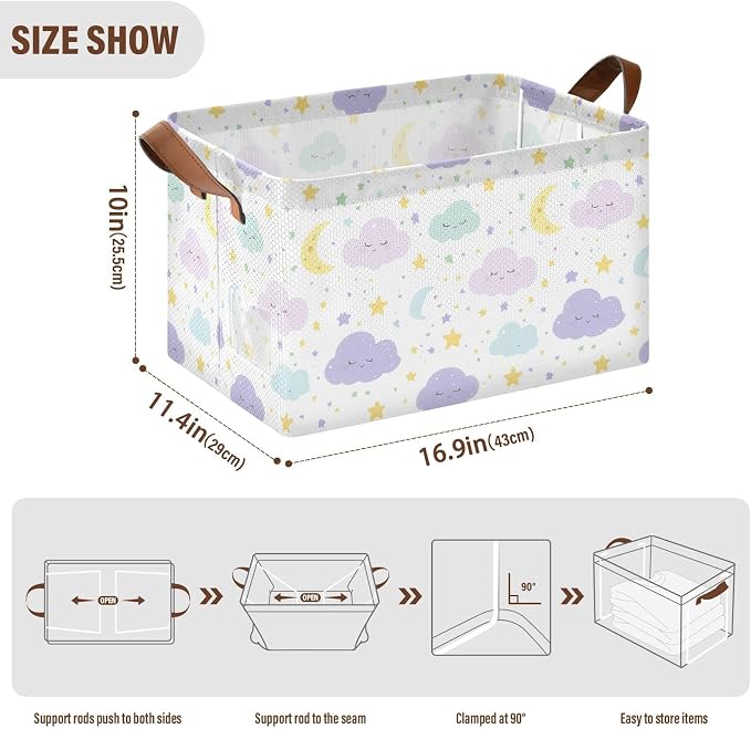 Cute Clouds Moon and Stars Purple Baby Storage Basket with Labels&Handles Rectangular Waterproof Nursery Storage Bins Collapsible Shelf Organizer Baskets for Kids Books Cloth Gift Toys Laundry