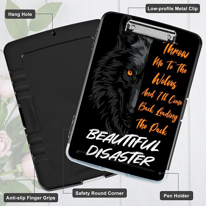 A4 Clipboard with Storage Pen Holder, Clipboards Organizer Nursing Clipboard Foldable File Folder Plastic Clipboard Folio Clip Board for Office Students Classroom Doctor Teacher, Cool Wolf