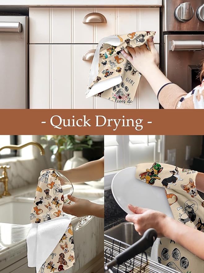 Kitchen Towels Dish Cloths Tea Hand Drying Cleaning Cup Towel for Dog Lover Absorbent Soft Quick Dry Decorative Cute Pattern Design Modern Decor Dishcloth Hostess Housewarming Choice Ideas