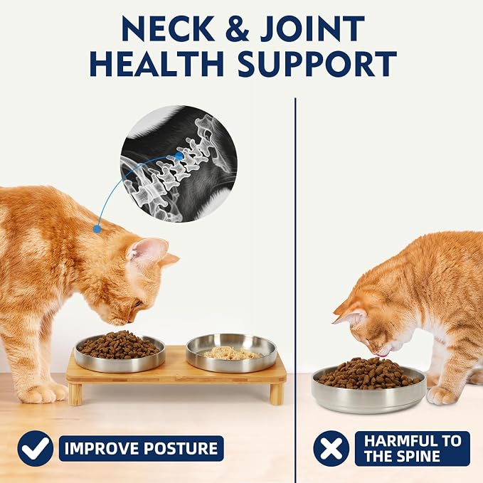 DoogCat Raised Cat Bowls, Bamboo Stand with 2 Stainless Steel Bowls | Adjustable Height, Whisker-Friendly Design, Food & Water Set, Stable Construction, Easy to Clean
