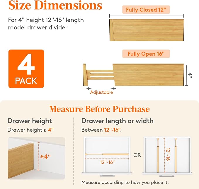 Lifewit 4" High Dresser Drawer Dividers, Adjustable Bamboo Drawer Organizer | 4 Pack 12"-16" Expandable Drawer Separator for Clothes, Utensils, Kitchen, Cabinet, Closet, Nursery Organization & Storage