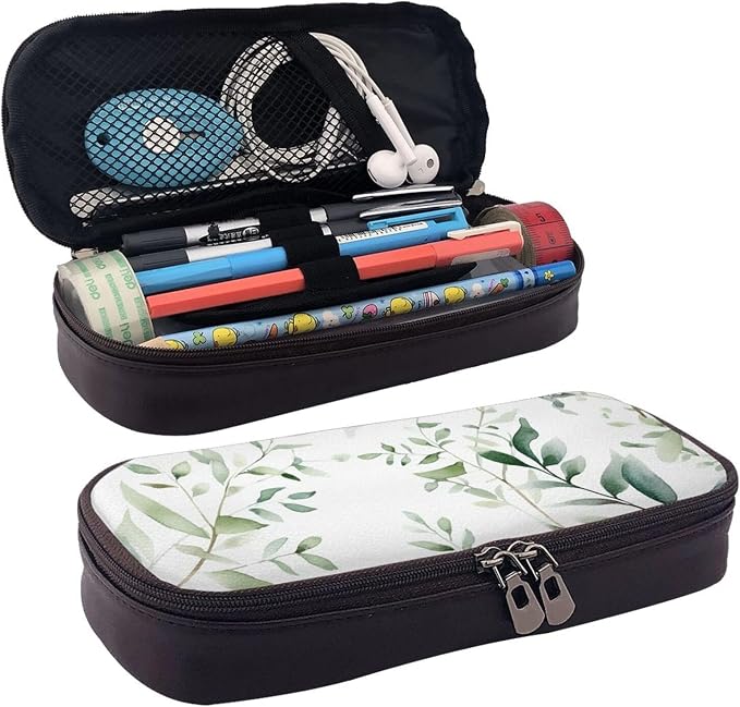 Leather Pen Case with Zipper - Aesthetic Pen Holder White Natural Greenery Twig Pencil Case for Women & Men - Handcrafted Pencil Bag Multi-Functional Travel Cosmetic Case for Work Office Tool Pouch