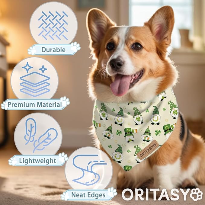 St. Patrick's Day Dog Bandanas, 2-Pack Triangle Reversible Gnomes Pet Scarves, Premium Fabric, Bandana for All Boys Girls Dogs (L, Style 2)