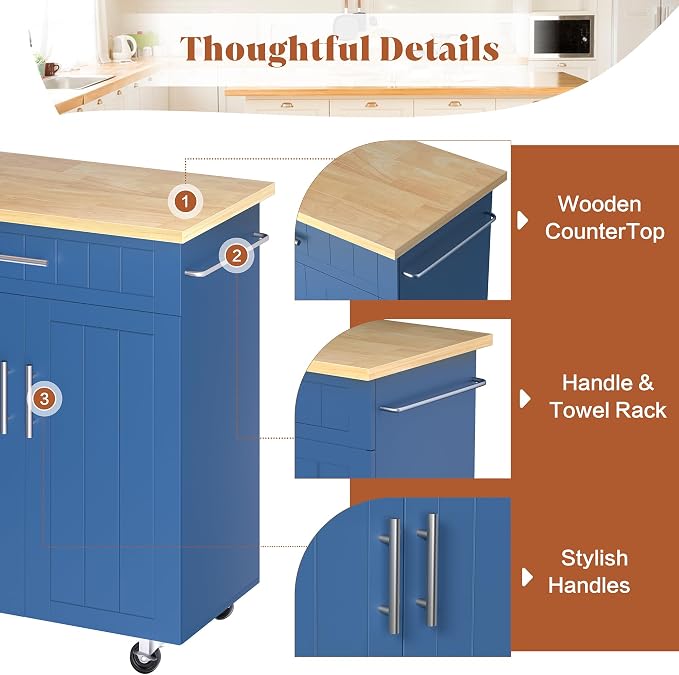 JY QAQA 26" Kitchen Island on Wheels with Storage Cabinet Kitchen Cart Cabinet with Shelves, Cart Handle for Towel Rack or Free Mobility, Portable Islands,Blue