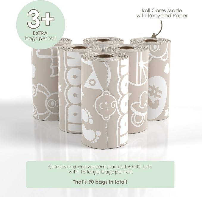 Disposable Diaper Bags (90 BAGS TOTAL) | LAVENDER-SCENTED Dirty Diaper Disposal Baggies (6 Refill Rolls 9 x 13in) | Leak Proof Nappy Trash Bags on the Go | Baby Poop Bags | Travel Diaper Bags