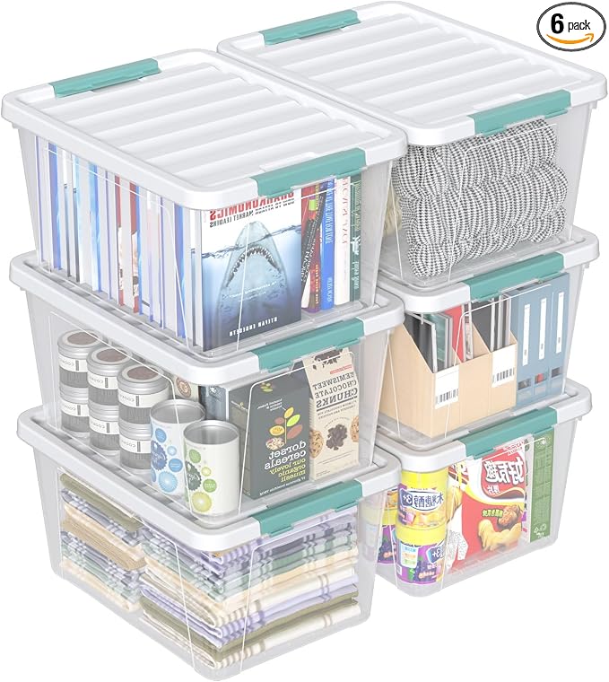 35 Quart Stackable Plastic Clear Storage Bins with Lids, 6 Packs | Plastic Latching Organization Tote Boxes