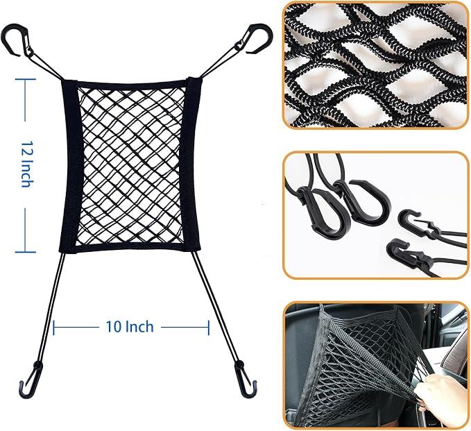 Dog Car Barrier Net Car Mesh Organizer, 4-Sides Elastic Seat Back Net Bag, Barrier of Back Seat Pet Kids, Cargo Tissue Purse Holder, Driver Storage Netting Pouch for Cars SUVs Vans Traveling