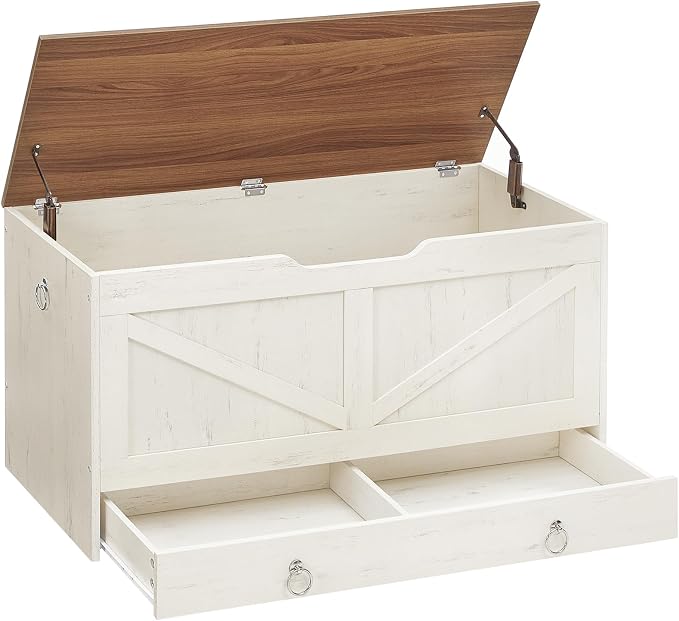 HOOBRO Storage Chest, 39.3" Toy Chest with Drawer, Wooden Storage Bench, Sturdy Entryway Bench Supports 220 lb, Safety Hinge, U-Shaped Opening, Easy Assembly, Cloud White and Walnut IH710CW01G2