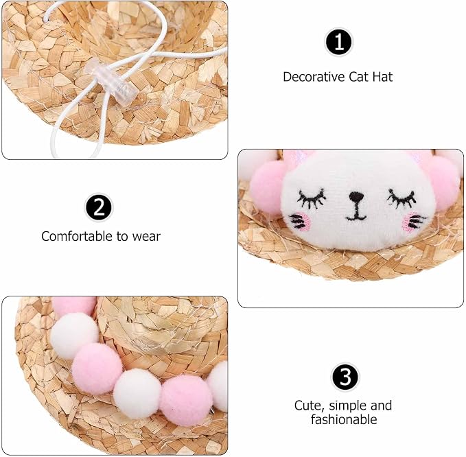Wear-Resistant Decorative Pet Hat for Cat and Kitten Pink Summer | Raffia and Plush Build, Comfortable Fit with Reduced, Lovely Style for Halloween Photos
