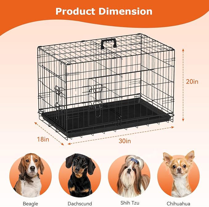 FDW | 30" Foldable Metal Dog Crate | Black | Cage for Medium Dogs | Heavy Duty, Portable Wire Kennel with Double Door, Divider & Leak-Proof Tray | For Training, Home, Travel Indoor/Outdoor Use