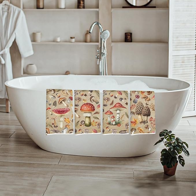 4 Pcs Vintage Mushroom Kitchen Towels, Rustic Botanical Decorative Absorbent Microfiber Dish Cloth Tea Towel, Waffle Soft Hand Towels for Farmhouse Home Bathroom Kitchen Decor, Mushroom Gifts