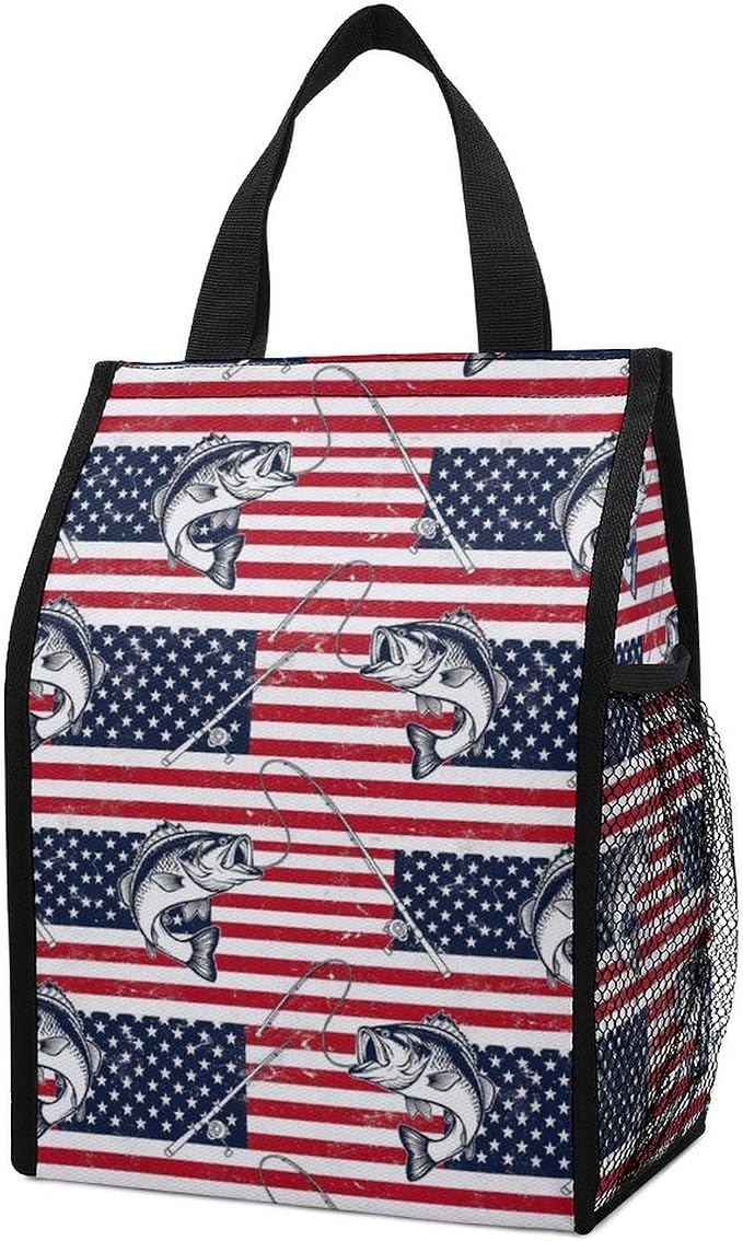 Portable Insulated Lunch Bag Thermal Lunch Box Compatible with American Bass Fishing Lure Flag Food Containers Bags Picnic Camping Cooler Tote Bag