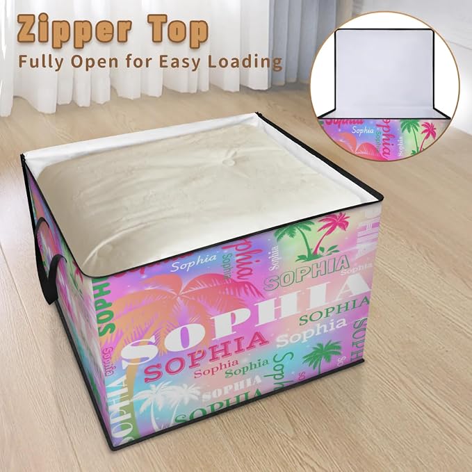 Custom Comforters Storage Basket with Lid, Personalized Name Pink Green Tropical Palm Trees Large Organizer Bin for Pet/Children Toys, Clothes, Perfect for Rooms/Playroom, Colorful Pink Galaxy
