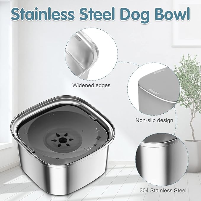 UPSKY 3L Dog Water Bowl 101oz Stainless Steel No Spill Large Capacity Dog Food Water Bowl Slow Water Feeder, Spill Proof Pet Water Dispenser Vehicle Carried Travel Water Bowl