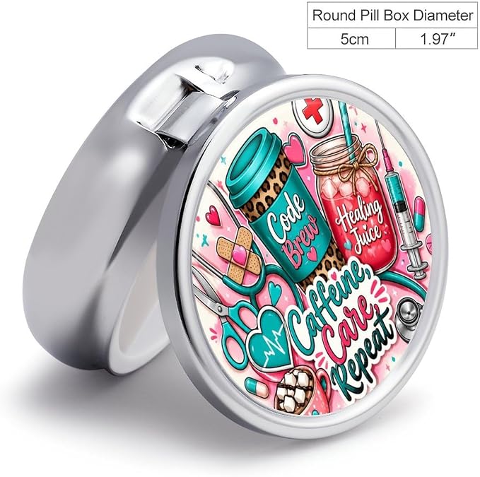 Cute Coffee and Care Collection Round Pill Box with 3 Compartments, Portable Travel Pill Organizer with Spring Snap Closure for Vitamins Supplements Fish Oil
