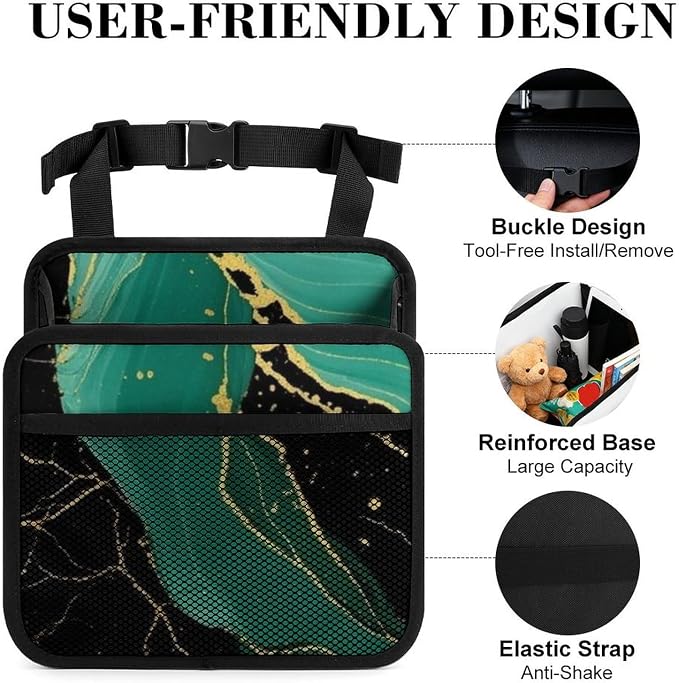 Car Organizers for Seat Back Vehicle Backseat Storage Pocket, Teal | Turquoise Green Gold Black Marble, Auto Hanging Pouch Trash Bag with Adjustable Buckle, Universal Fit for Vehicle Truck