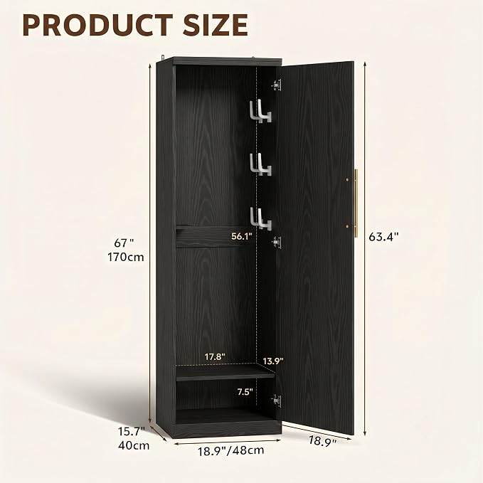 Broom Closet Storage Cabinet, 65" H Slim Utility Closet Black | with Door and Shelf, Tall Vacuum Storage Cabinet with Hooks for Cleaning Tool, Broom Closet Organizer for Bathroom, Garage