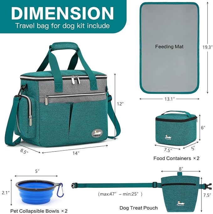 Dog Travel Bag for Pet Kit for Supplies with 2 Food Storage Containers 2 Collapsible Bowls 1 Feeding Mat 1 Dog Treat Pouch 7-Piece Set Perfect Road Trips Camping Weekend (Teal)